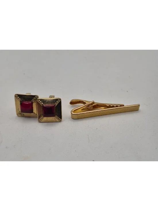 Gold‑Tone Tie Clip & Red Stone Cufflinks Set Mid-Century Modern  Style
