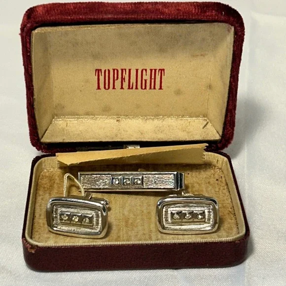Topflight Silver Tone Mens Cufflinks‎ and Tie Clip Set Sparkle Stones Vintage