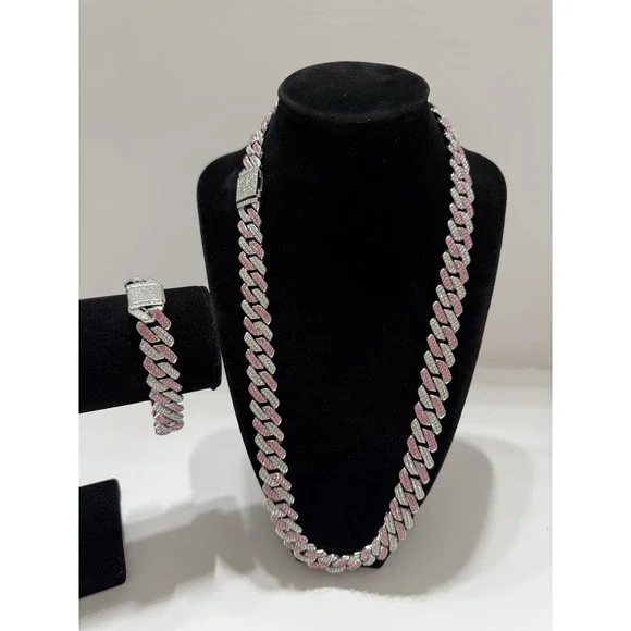 pink iced out cuban necklace & bracelet, you get both, sizes 24 & 8 Inch, 14mm