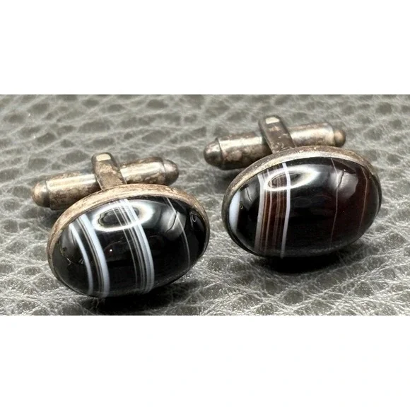 Vintage Sterling Silver 925 Black Brown White Banded Agate Oval Cufflinks
