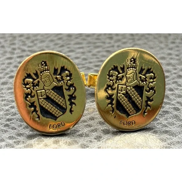 Vintage Ford Crest Heraldic Lion Black Enamel Gold Tone Oval Cufflinks