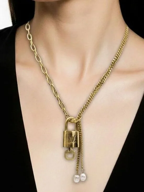 Stainless Steel Gold-Plated Necklace with Authentic Louis Vuitton Padlock