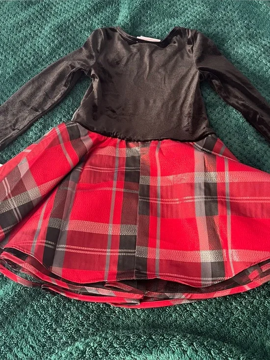 Bonnie Jean Black Velvet Top with Red Plaid Skirt