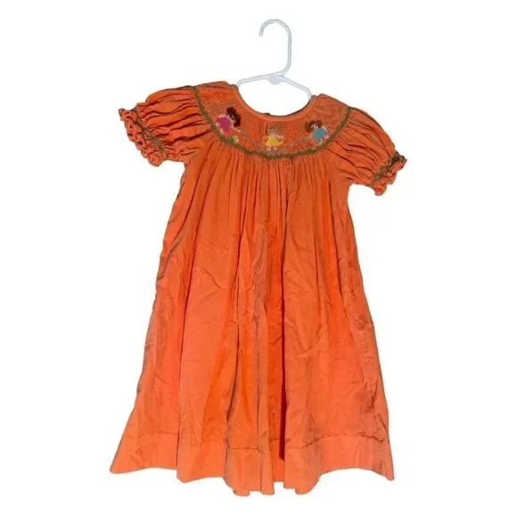 Castles & Crowns Smocked Bishop Dress Orange Embroidered Jumprope Kids Size 2T