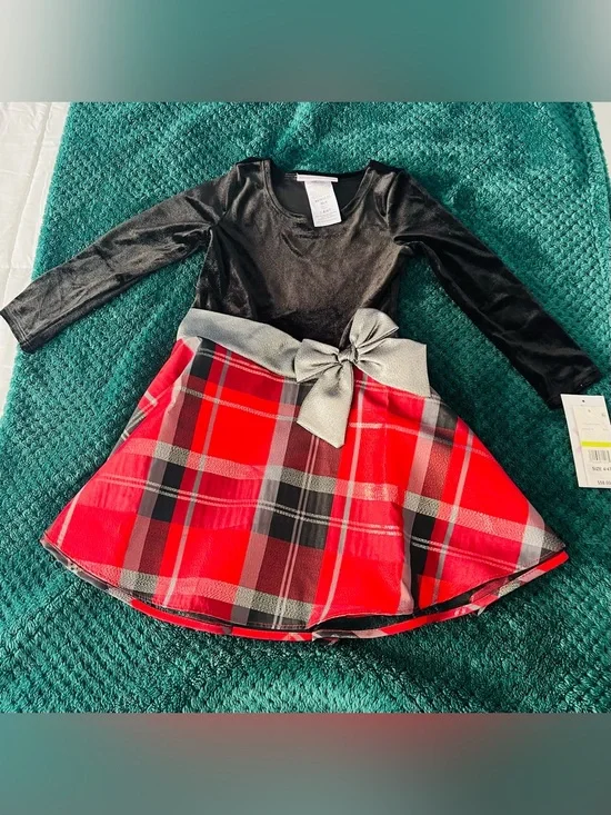 Bonnie Jean Black Top Red Plaid Skirt Holiday Dress with Silver Bow
