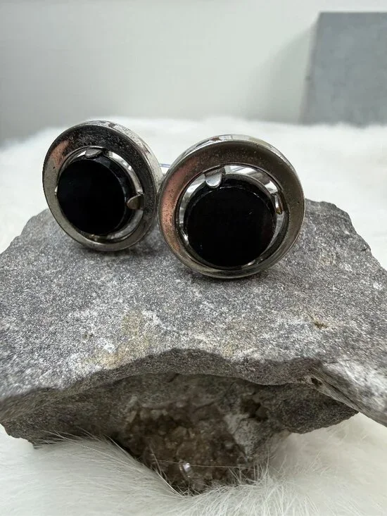 Vintage Anson Black Glass Oval Silver Tone Cuff Links Cufflinks MCM .75