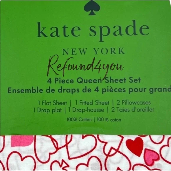 Kate Spade - Last One -‘Pink & Red Hearts’ Queen Sheet Set. NWT Firm! Last one!