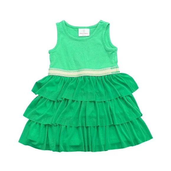 Hanna Andersson Ruffle Tiered Dress‎ Kids 90 3T Green Gold Sparkle Waist