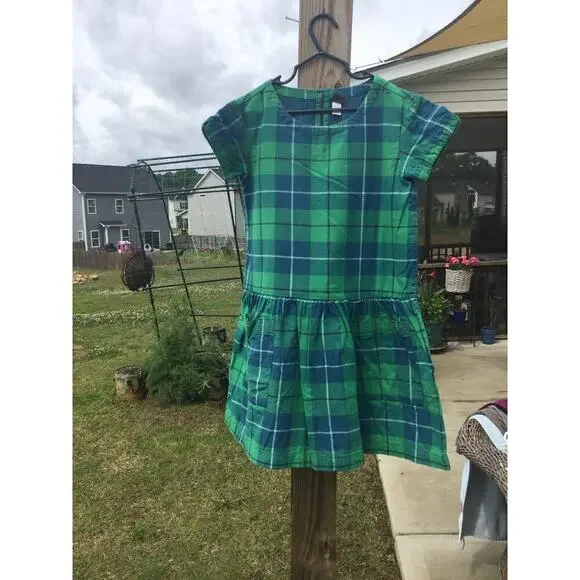 Tea girls short sleeve dress size 8 shirt‎ green blue plaid cotton preppy