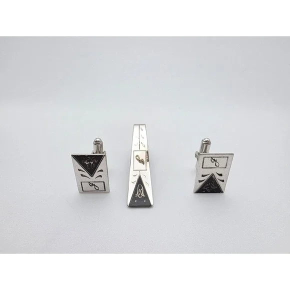 Vintage‎ KREISLER USA Cufflinks Tie Clip/Bar Set 925 Sterling Silver & Black