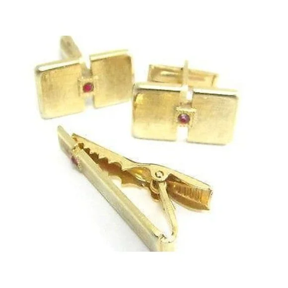 Gold Plated Set of Cufflinks & Tie‎ Clip Clasp With Red Rhinestone Accents
