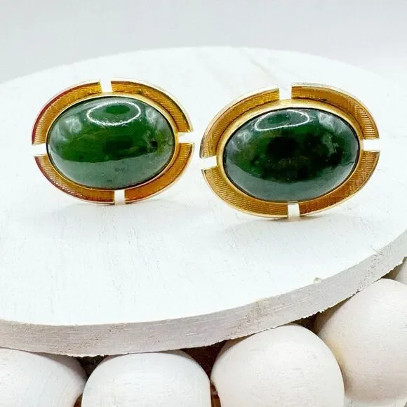 Anson Vtg MCM Green Faux Jade Cabochon Oval Gold wedding Cufflinks Mid Century