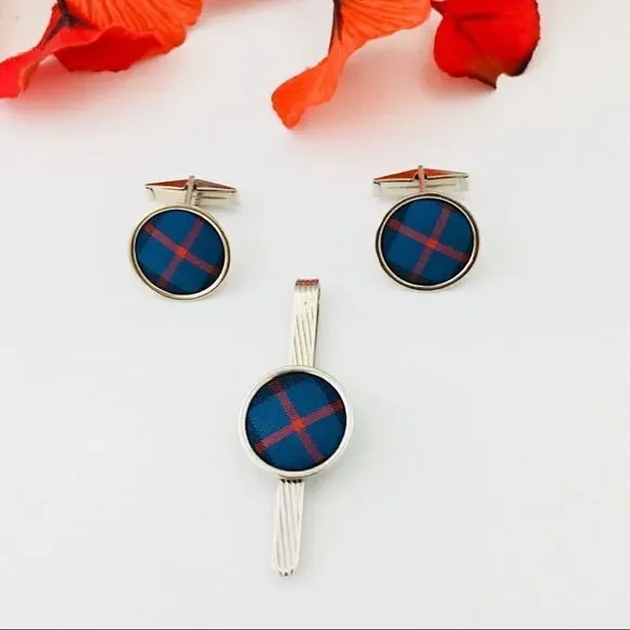 Vintage Cufflinks Tie Bar Clip Silver Blue Red Plaid fabric 1056