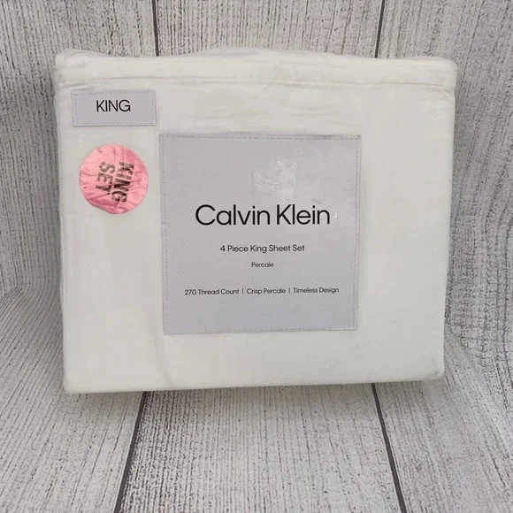 Calvin Klein Sheet Set KING White 270TC Cotton Percale Modern Bedding Minimalist