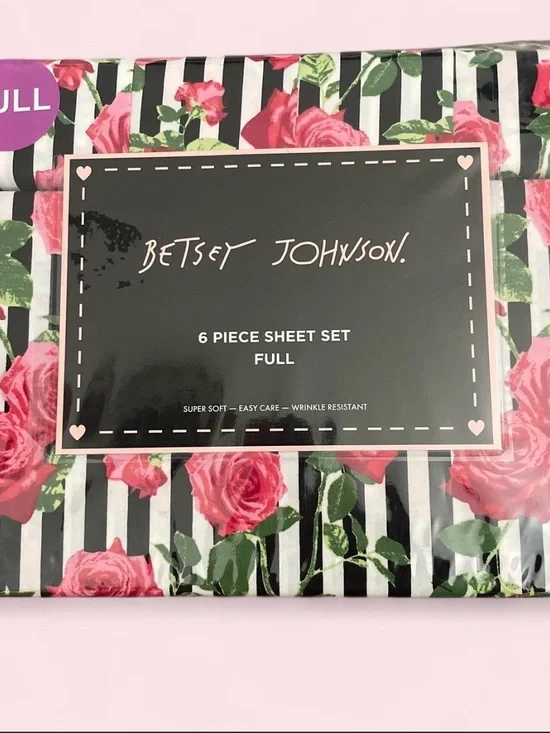 Betsey Johnson Black & White Stripe Sheet Set with Pink Rose Print