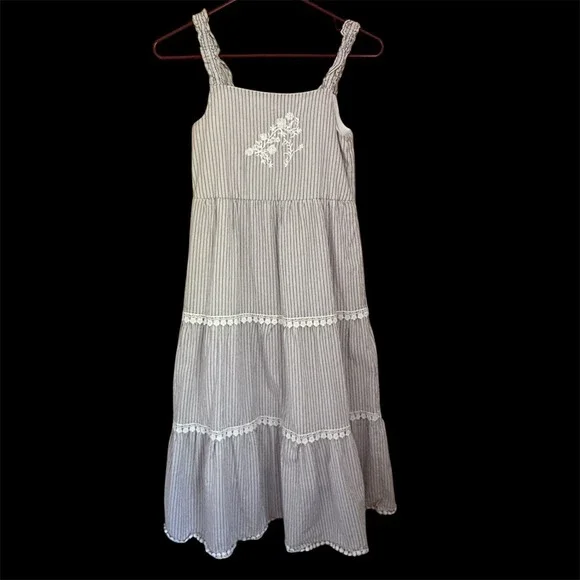 Haute Hippie Girls Boho Striped Maxi Dress 10 Floral Embroidered Tiered‎ Cottage