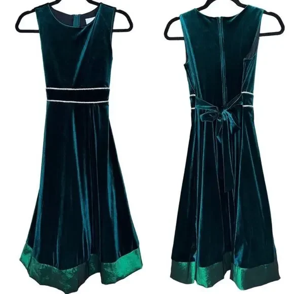 Rare Editions Girls Green Velvet Fit and Flare Holiday Christmas Dress Size 14
