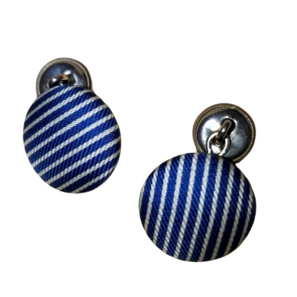 Blue & White Striped Newsboy Cufflinks Round Double Button  Fabric
