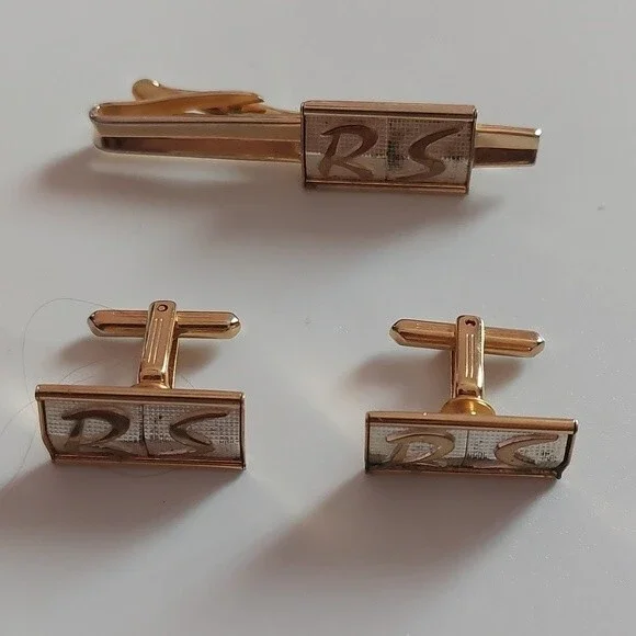 #0078 Vintage Hickok USA RS Name Initials Cufflinks and Tie Clip Set