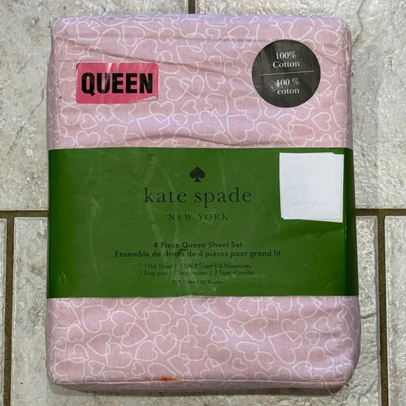 Kate Spade Queen Sheet Set Pink & White Cotton Percale‎ Sweet Valentine