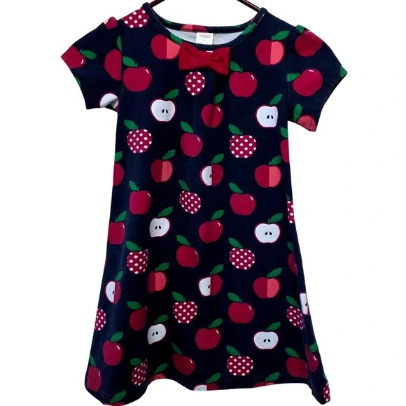 Gymboree Kids Girls Size 6 Navy Blue Apple Bow‎ Short Sleeve Dress Y2K 2000's