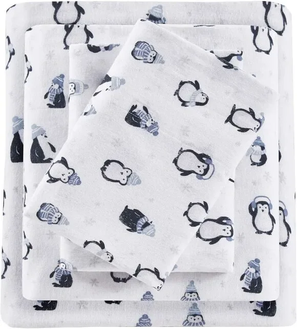 Intelligent Design Cozy Soft 100% Cotton Flannel Full Blue Penguins 4 Piece