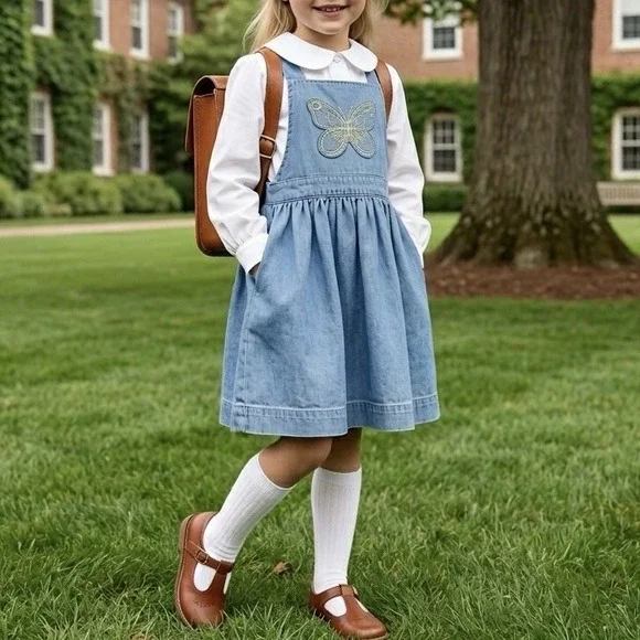 Mini Boden Pinafore Jumper Dress‎ Size 5-6 Years Butterfly Denim Preppy Classic