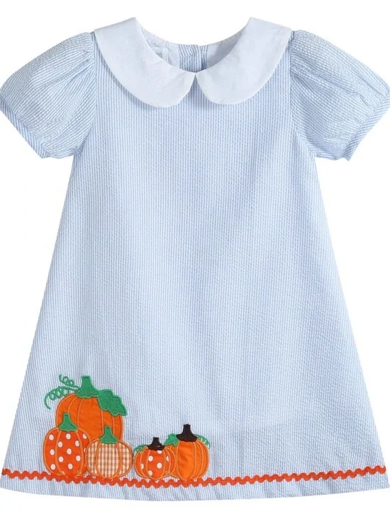 Lil Cactus Kids Pumpkin Appliqué Seersucker Dress - Light Blue Size 6Y