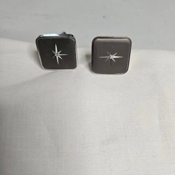 Vintage Silver Tone Starburst Cufflinks Mid Century Modern North Star Square‎