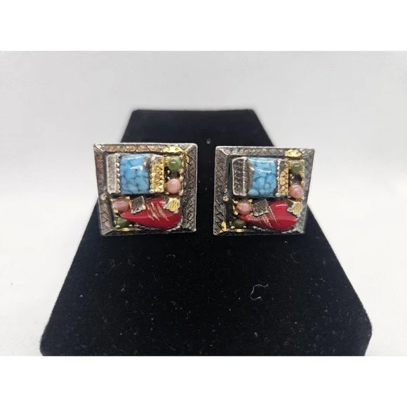 Vintage Artisan‎ Mosaic Stone Inlayed Bronze Cuff Links