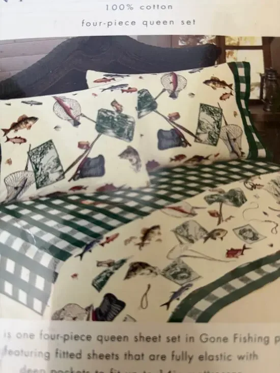 Home Print Flannel QueeSheet Set  100% Cotton  Fishing Print
