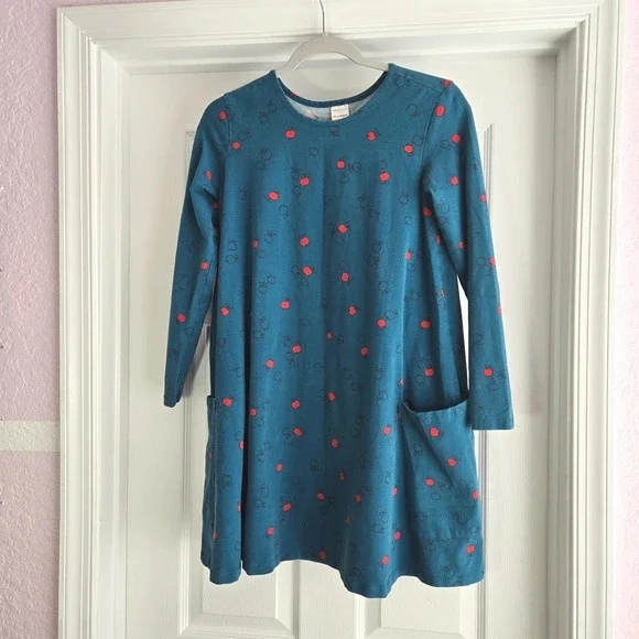 Hanna Andersson Apple Print Dress Size 160 Girl's 14-16 Blue‎ Long Sleeve A-Line