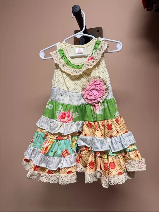 Girls Tiered Floral Patchwork Dress with Pink Rosette
