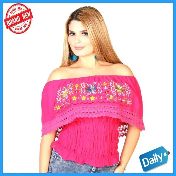 Girls Embroidered Blouse Short Sleeve Classic Fit Cotton Polyester