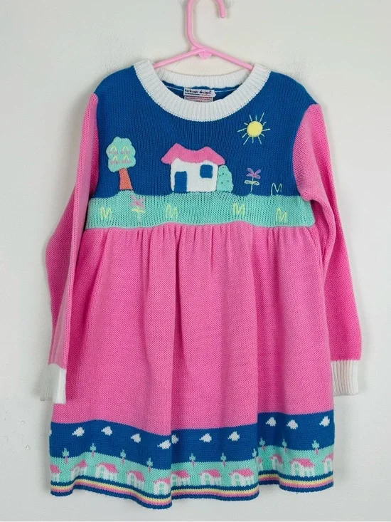 Vintage 90s Cottage Scene Sweater Dress 3D Novelty Knit Girls Size 5