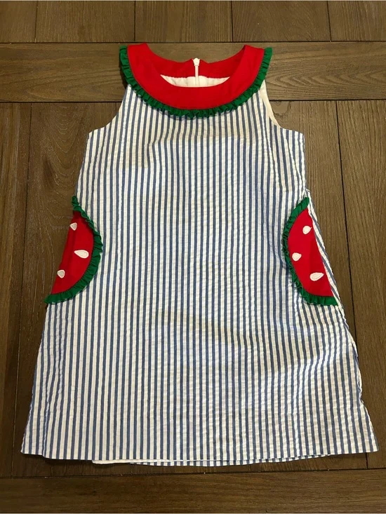 Florence Eiseman Blue & White Striped Cotton Dress with Red & Green Accents
