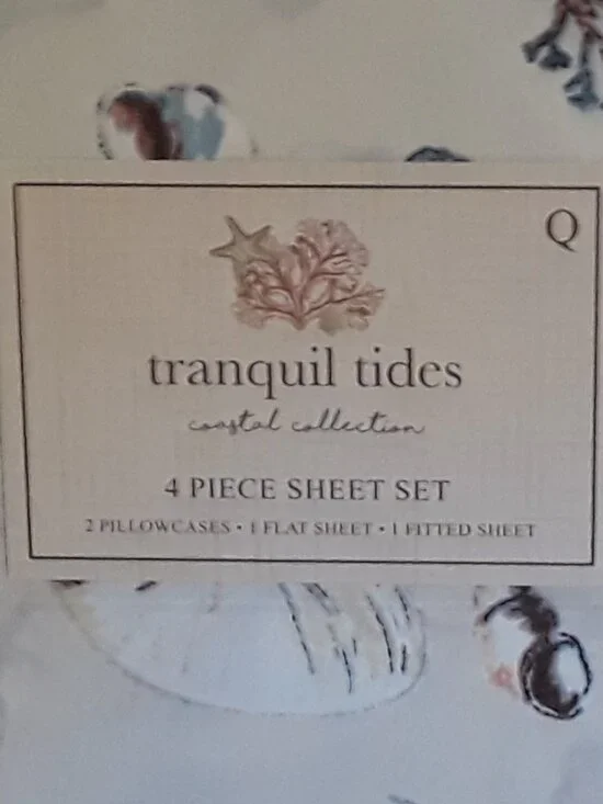 NWT Queen Sheets-Tranquil Tides Coastal Collection 4-piece set shells starfish