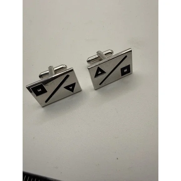 Vintage Geometric Silver Tone Black Enamel Rectangular‎ Cufflinks Mens Jewelry