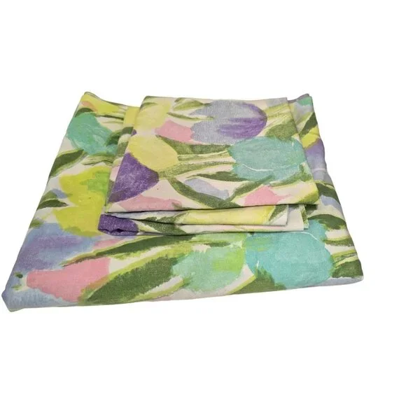 Vintage Cannon Tulip Floral Print‎ Full Size Flat Sheet/Pillowcases
