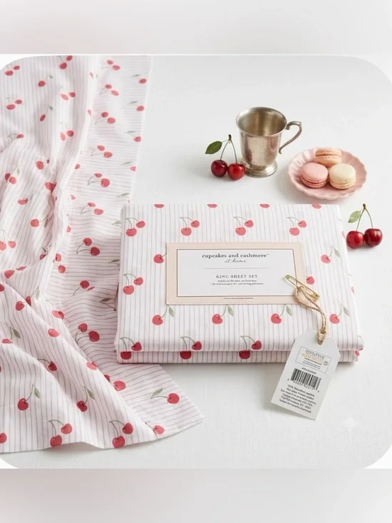 Cupcakes and Cashmere King Sheet Set Cherry Print Microfiber Pink White NWT