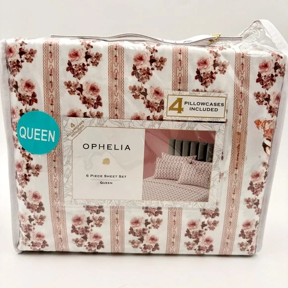 Ophelia Queen 6 Piece Sheet Set Floral Rose Stripe Pink Mauve Cottagecore NEW