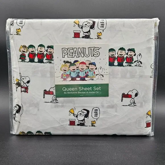 Berkshire Peanuts Snoopy‎ Woodstock Christmas Holiday Queen Sheet Set White New