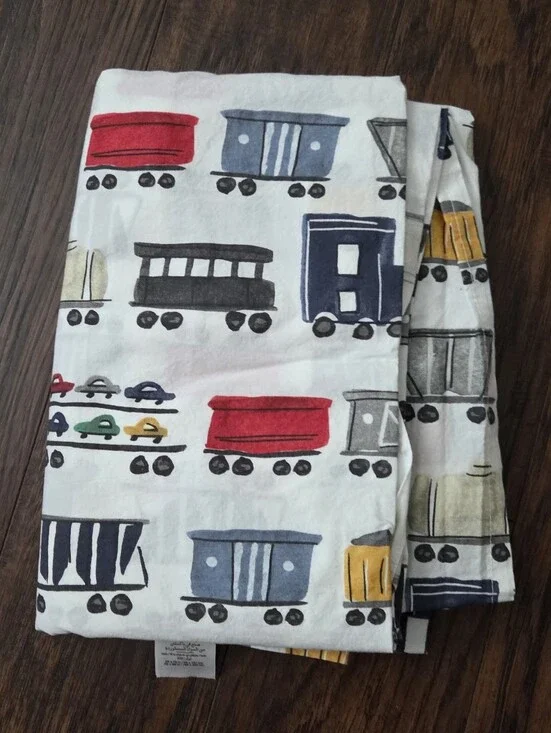 Pottery Barn Kids White Sheet with Trains- Red, Blue, Yellow, Gray Toy Trains