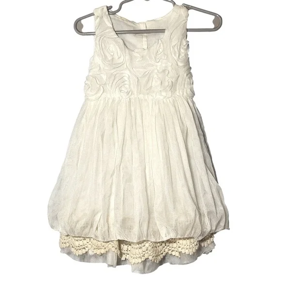 White Petal Mesh Puff Layered Dress Rosette Tulle Crochet Lace Trim Wedding