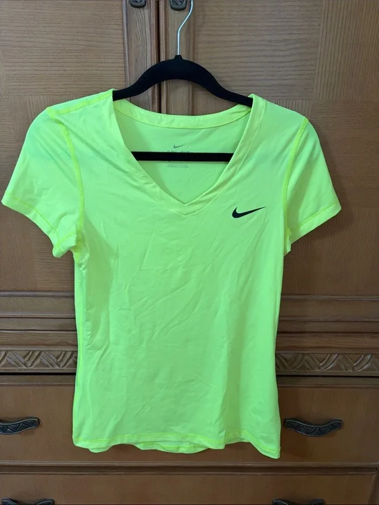 Nike Women's Neon Yellow V-Neck Short Sleeve Dri-FIT Top