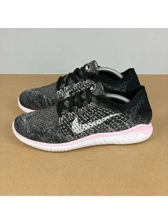 Nike Free RN Flyknit 2018 Athletic Running Shoes Womens 7.5 Black Pink Low Top