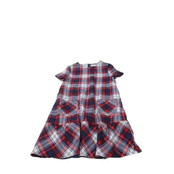 Vineyard Vines Girls Back Zip Short Sleeve Plaid Shift Dress White Red Blue 16