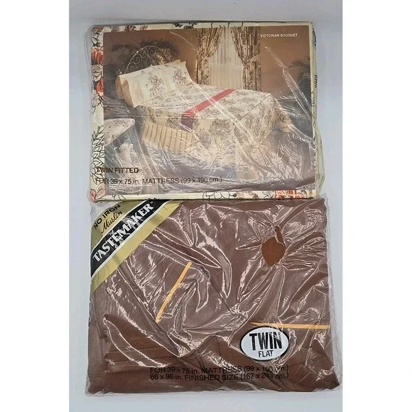 2 Set Vtg Tastemaker NEW NOS Twin Fitted + Flat‎ Sheets - Floral & Brown