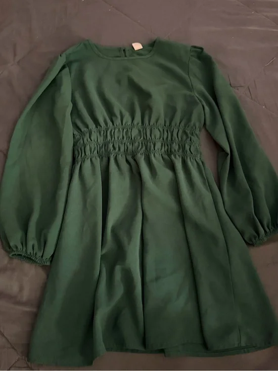 SHEIN Dark Green Long Sleeve Smocked Waist Dress