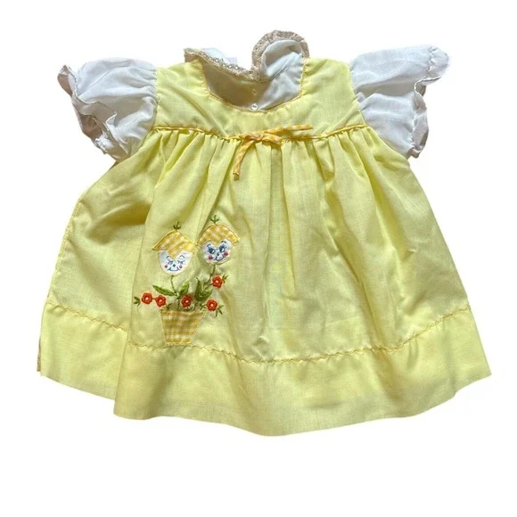 Celanese Fortrel Vintage Dress Kids Yellow Good Floral Gingham Applique SIZE‎ 6M